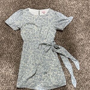 Pink Lily Cream Dress with Blue Floral Print and Tie Waist